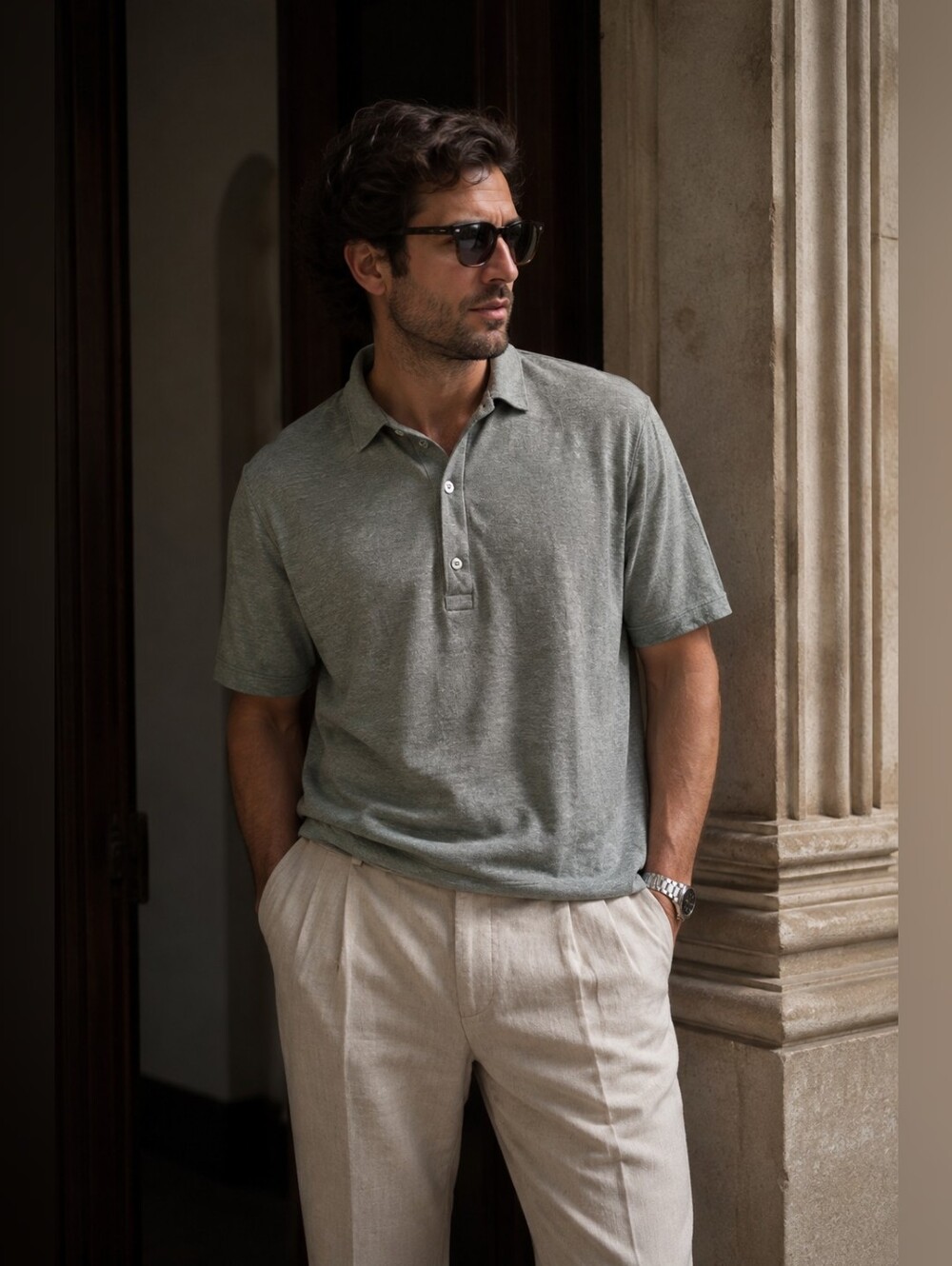 Christian Lacroix Men’s 100% Linen Polo Shirt Green Size L Luxury Designer